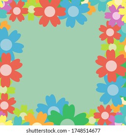 Colored simple flower bouquet on blue background. Frame with decoration. Card for wedding, birthday, holiday. Vector backdrop illustration.