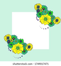 Farbiger, einfacher Blumenstrauß auf Farbhintergrund. Rahmen mit Dekoration. Karte für Hochzeit, Geburtstag, Urlaub. Vektorhintergrundgrafik.