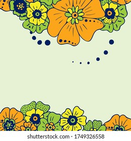 Un sencillo ramo de flores colorido sobre fondo de color. Marco con decoración. Tarjeta de boda, cumpleaños, vacaciones. Ilustración de fondo del vector.