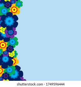 Un sencillo ramo de flores de color con fondo azul. Marco con decoración. Tarjeta de boda, cumpleaños, vacaciones. Ilustración de fondo del vector.