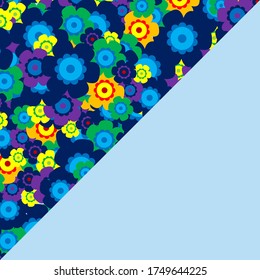 Colored simple flower bouquet on blue background. Frame with decoration. Card for wedding, birthday, holiday. Vector backdrop illustration.