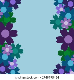 Un sencillo ramo de flores de color con fondo azul. Marco con decoración. Tarjeta de boda, cumpleaños, vacaciones. Ilustración de fondo del vector.