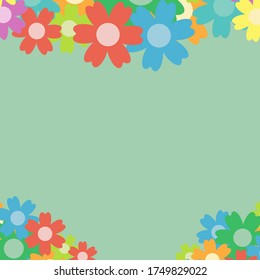 Colored simple flower bouquet on blue background. Frame with decoration. Card for wedding, birthday, holiday. Vector backdrop illustration.