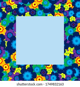 Colored simple flower bouquet on blue background. Frame with decoration. Card for wedding, birthday, holiday. Vector backdrop illustration.