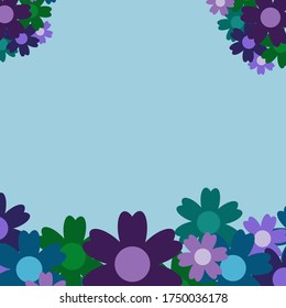 Colored simple flower bouquet on blue background. Frame with decoration. Card for wedding, birthday, holiday. Vector backdrop illustration.