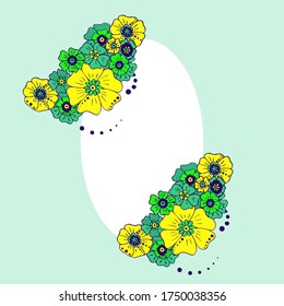 Colored simple flower bouquet on color background. Frame with decoration. Card for wedding, birthday, holiday. Vector backdrop illustration.