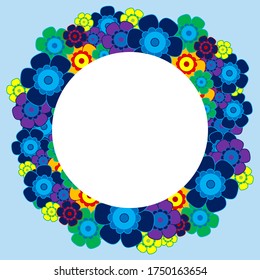 Colored simple flower bouquet on blue background. Frame with decoration. Card for wedding, birthday, holiday. Vector backdrop illustration.