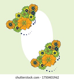 Colored simple flower bouquet on color background. Frame with decoration. Card for wedding, birthday, holiday. Vector backdrop illustration.