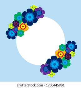 Colored simple flower bouquet on blue background. Frame with decoration. Card for wedding, birthday, holiday. Vector backdrop illustration.