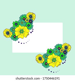 Un sencillo ramo de flores colorido sobre fondo de color. Marco con decoración. Tarjeta de boda, cumpleaños, vacaciones. Ilustración de fondo del vector.