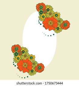 Colored simple flower bouquet on color background. Frame with decoration. Card for wedding, birthday, holiday. Vector backdrop illustration.
