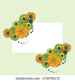 Colored simple flower bouquet on color background. Frame with decoration. Card for wedding, birthday, holiday. Vector backdrop illustration.