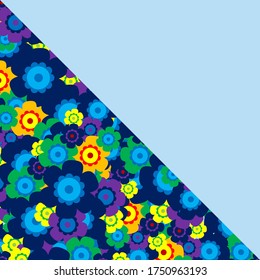 Colored simple flower bouquet on blue background. Frame with decoration. Card for wedding, birthday, holiday. Vector backdrop illustration.