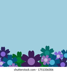 Colored simple flower bouquet on blue background. Frame with decoration. Card for wedding, birthday, holiday. Vector backdrop illustration.