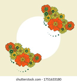 Un sencillo ramo de flores colorido sobre fondo de color. Marco con decoración. Tarjeta de boda, cumpleaños, vacaciones. Ilustración de fondo del vector.