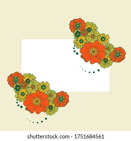 Colored simple flower bouquet on color background. Frame with decoration. Card for wedding, birthday, holiday. Vector backdrop illustration.