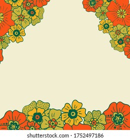 Colored simple flower bouquet on color background. Frame with decoration. Card for wedding, birthday, holiday. Vector backdrop illustration.