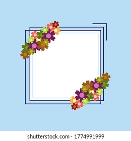 Colored simple flower bouquet on blue background. Frame with decoration. Card for wedding, birthday, holiday. Vector backdrop illustration.