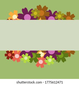 Colored simple flower bouquet on green background. Frame with decoration. Card for wedding, birthday, holiday. Vector backdrop illustration.