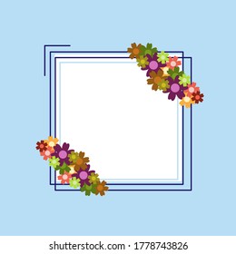 Colored simple flower bouquet on blue background. Frame with decoration. Card for wedding, birthday, holiday. Vector backdrop illustration.