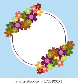 Farbiger, einfacher Blumenstrauß auf blauem Hintergrund. Rahmen mit Dekoration. Karte für Hochzeit, Geburtstag, Urlaub. Vektorhintergrundgrafik.