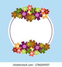 Colored simple flower bouquet on blue background. Frame with decoration. Card for wedding, birthday, holiday. Vector backdrop illustration.