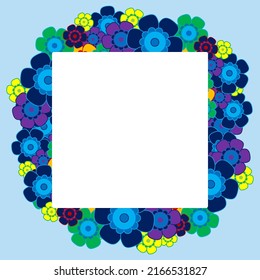 Farbiger, einfacher Blumenstrauß auf Farbhintergrund. Rahmen mit Dekoration. Karte für Hochzeit, Geburtstag, Urlaub. Vektorhintergrundgrafik.