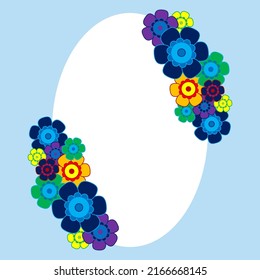 Un sencillo ramo de flores de color con fondo azul. Marco con decoración. Tarjeta de boda, cumpleaños, vacaciones. Ilustración de fondo del vector.