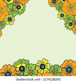 Colored simple flower bouquet on color background. Frame with decoration. Card for wedding, birthday, holiday. Vector backdrop illustration.