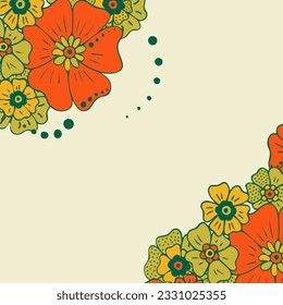 Un sencillo ramo de flores colorido sobre fondo de color. Marco con decoración. Tarjeta de boda, cumpleaños, vacaciones. Ilustración de fondo del vector.