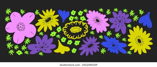 Colored simple flower silhouettes set. Multi colored ink brush texture, rough strokes. Vector pattern with chamomiles. Hand drawn botanical ink ornament with floral motif. 