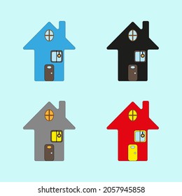 Las casas simples de colores ponen un icono. Bonita pensión familiar. Imagen dibujada a mano. Señal plana. Ilustración vectorial. Imagen de archivo. 