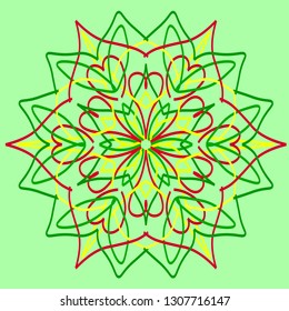 Colored simple mandala on light green background.