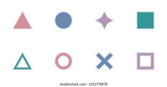 Colored simple shapes in a cartoon style with a shadow stroke. Triangle, circle, square, cross. Game icons. Isolated image. Flat style. Vector.