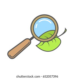 Colored simple vector flat art illustration of a magnifier and a leaf