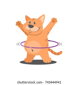 colored simple vector flat art cartoon illustration of a cat with a hulaohup