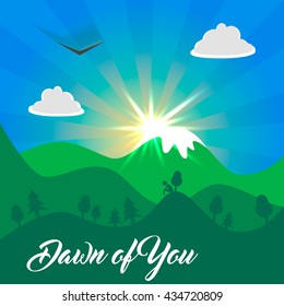 colored simple vector illustration of a cartoon sunrise in the mountains landscape