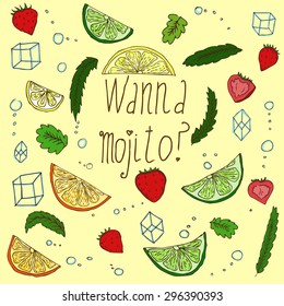 Colored simplified set of different mojito ingredients on yellow background. Augmented with an inscription. The image can be used as illustration or an adding for any kind of purpose.