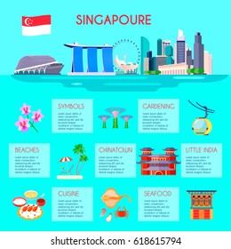 Colored Singapore Culture Infographic With Beaches Gardening Little India Cuisine Chinatown And Seafood Descriptions Vector Illustration