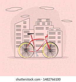 Colored sketch of a bicycle over a comic cityscape - Vector