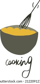 colored sketch of bowl with a mixing dough whisk and lettering down cooking