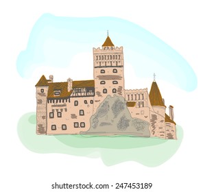 Colored sketch of Bran castle isolated on white