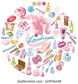 Colored sketch cosmetic icons concept with beauty fashion spa and makeup accessories in circle isolated vector illustration