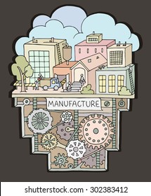Colored sketch of factory work with working people, workshop, production. Doodle  manufacture, plant with machinery and gears. Hand drawn illustration  for business design isolated on dark background.