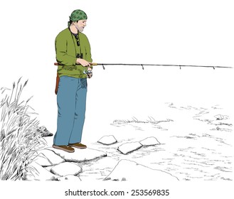 Colored sketch of a fisherman on stony bank of a river. Vector illustration.