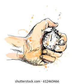 Colored sketch hand with stopwatch. Vector illustration