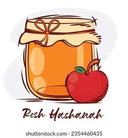 Colored sketch of honey jar and apple Rosh Hashanah Vector