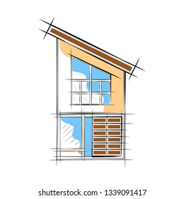Colored sketch of a modern house building. Vector illustration design