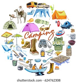 Colored sketch outdoor recreation round concept with camping and hiking elements equipment items accesories horse tourism isolated vector illustration