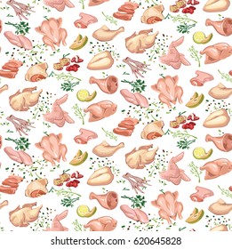 Colored sketch poultry meat seamless pattern with cutting chicken parts spices and herbs vector illustration